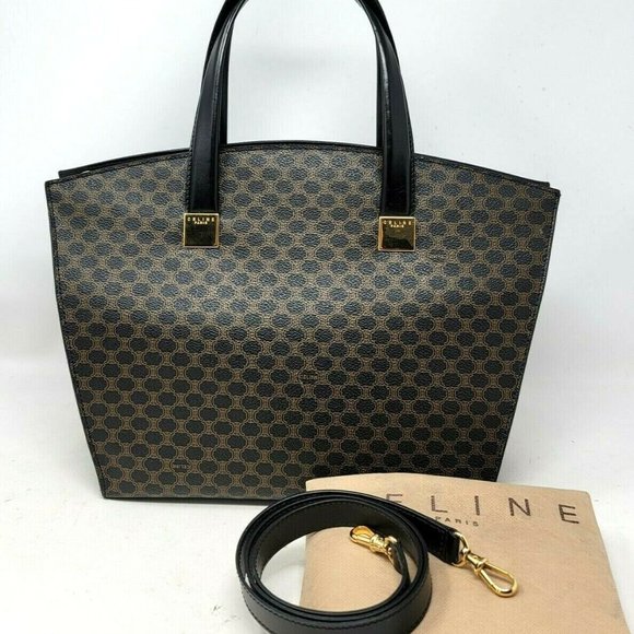 Vintage Celine Triomphe Canvas Black Leather Medium Shoulder Tote Hand Bag Auth - Picture 2 of 16